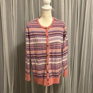L.L. Bean Patterned Cardigan - Purple/Pink Stripe Size XL - Cotton/Cashmere